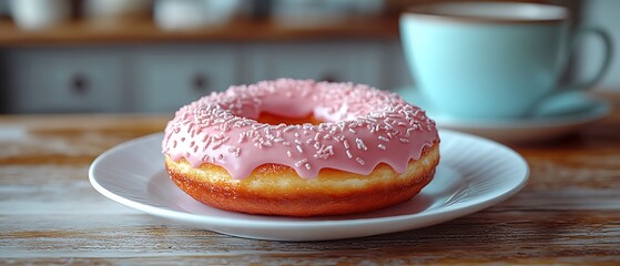 Pink glazed donut with sprinkles on a white plate.