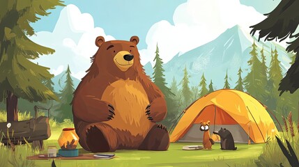 Canvas Print - A Bear, A Raccoon, and A Bear Cub Enjoy Camping in the Forest