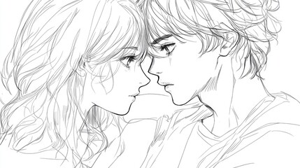 Line art illustration depicting two individuals in an embrace capturing a raw anime style