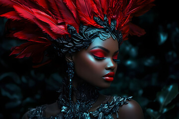 Sticker - A dark-skinned woman wearing a stunning outfit made of carved elements poses against a dark background, showcasing striking red makeup in a hyper-realistic fashion shoot