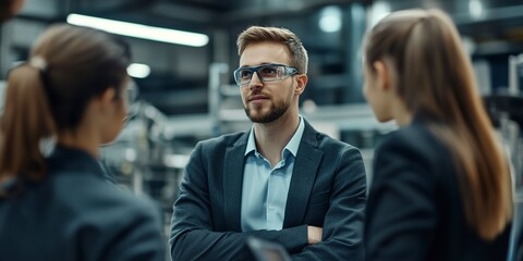 Canvas Print - Young engineer consults with co-workers in modern industrial factory Talk about new production projects or investments. Team management in production plants