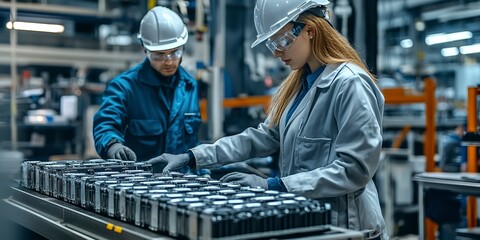 Poster - Workers in a battery production factory inspecting and assembling lithiumion batteries to meet quality and safety standards. Concept Manufacturing process, Quality control, Battery assembly 