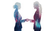 © Sompop - Double Exposure Silhouettes of Two Businesswomen Shaking Hands in Agreement with Modern Cityscape and Transparent Overlays of Financial Graphs