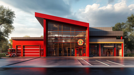 Wall Mural - A fire station with a bold 3D front featuring firefighter motifs and emblems. 3d firefighter. Illustrations
