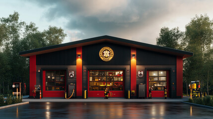 Wall Mural - A fire station with a bold 3D front featuring firefighter motifs and emblems. 3d firefighter. Illustrations
