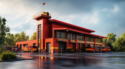 Wall Mural - A fire station with a bold 3D front featuring firefighter motifs and emblems. 3d firefighter. Illustrations
