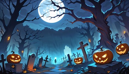 illustration of a Halloween night with moon and pumpkin background