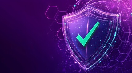 Protection. Healthcare. Insurance. Cyber security. Network safety. Protection shield with green Check mark icon inside transparent sphere shield with hexagon pattern on purple background. Vector illus