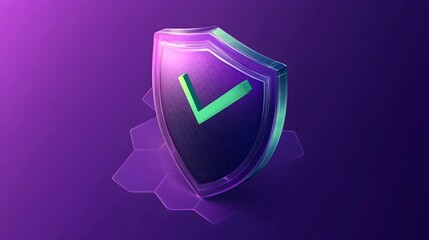 Protection. Healthcare. Insurance. Cyber security. Network safety. Protection shield with green Check mark icon inside transparent sphere shield with hexagon pattern on purple background. Vector illus