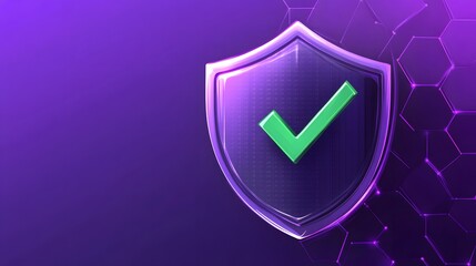 Protection. Healthcare. Insurance. Cyber security. Network safety. Protection shield with green Check mark icon inside transparent sphere shield with hexagon pattern on purple background. Vector illus