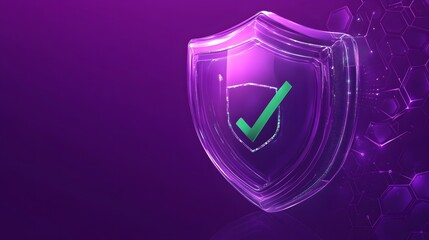 Protection. Healthcare. Insurance. Cyber security. Network safety. Protection shield with green Check mark icon inside transparent sphere shield with hexagon pattern on purple background. Vector illus