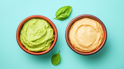 Fresh guacamole next to a bowl of creamy processed dips, illustrating healthy fats versus artificial ingredients