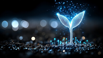Poster - small seedling sprouts vibrantly, surrounded by glowing mushrooms and sparkling particles, symbolizing growth and renewal in magical atmosphere