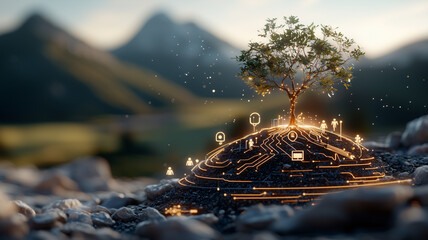 Aufkleber - small tree grows on mound, surrounded by glowing digital icons representing technology and connectivity, symbolizing growth and innovation in nature