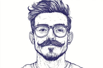 Line art drawing of a cartoon hipster male character featuring a mustache and glasses