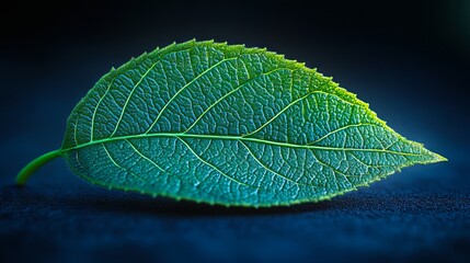 Wall Mural - A green leaf on a blue surface