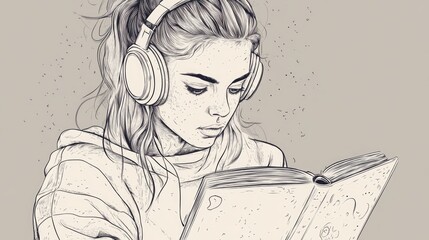 Young woman with headphones engrossed in a book representing a teenager s lifestyle in a hand drawn line art illustration