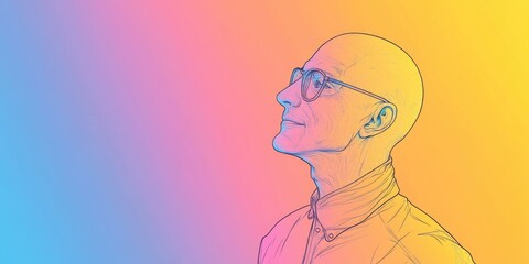 Line art illustration featuring a rainbow gradient drawing of a cartoon bald man