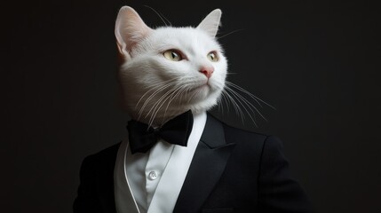 This elegant white cat, dressed in a tuxedo with a bow tie, exudes confidence, standing proudly against a deep black backdrop. Its distinct expression captures attention