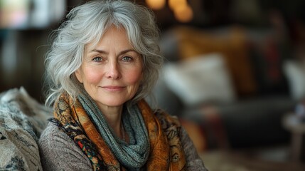 Wall Mural - portrait of senior woman sitting at home looking at camera