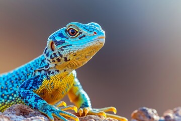 Wall Mural - Blue and yellow lizard is laying on a rock. The lizard has a blue head and yellow body. Colorful lizard with long tail, earthy brown background., ample copy space