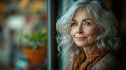 Wall Mural - portrait of senior woman standing at home looking out of window