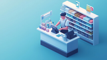 3D Isometric Flat Conceptual Illustration of Cashier, Supermarket Store Assistant. 3d shopper. Illustrations
