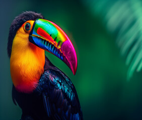 Wall Mural - A toucan in front of a tropical exotic background with palm leaves