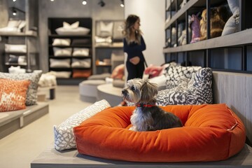 Shopper browsing through a collection of designer pet beds in a chic pet accessories boutique. 