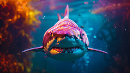 Wall Mural - A shark on a colorful underwater background