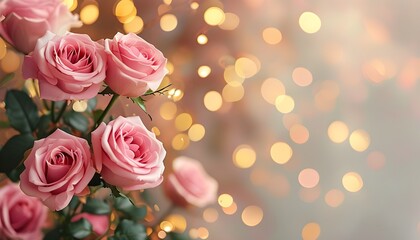 Elegant festive backdrop featuring pink roses and soft golden bokeh for celebrations and special occasions