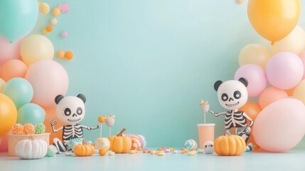 Playful skeletons celebrate Halloween with colorful balloons and pumpkins, creating a fun and festive atmosphere for the holiday.