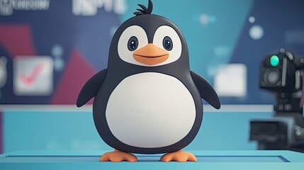 Canvas Print - A 3D Cartoon Penguin Standing on a Blue Surface