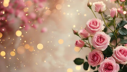 Elegant festive backdrop featuring pink roses and soft golden bokeh for celebrations and special occasions