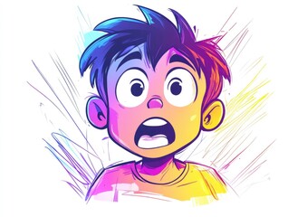 Wall Mural - Line art illustration featuring a cold gradient drawing of a surprised cartoon boy