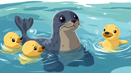 Sticker - A Grey Seal and Two Yellow Seals Swimming in Blue Water