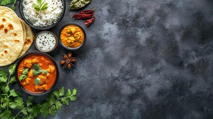 A selection of Indian curries, roti, and rice, top view with ample room for copy space.