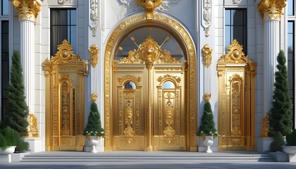 Wall Mural - Opulent entrance featuring luxurious golden doors reflecting grandeur and elegance