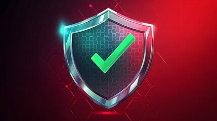 Protection. Healthcare. Insurance. Cyber security. Network safety. Protection shield with green Check mark icon inside transparent sphere shield with hexagon pattern on red background. Vector illustra