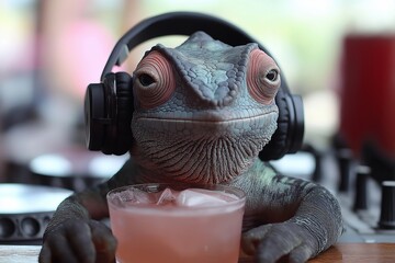 Wall Mural - Lizard wearing headphones is holding a cup of pink liquid. The lizard is sitting on a table. a chameleon drinking a cocktail, wearing suglasses and DJ headphones on a white background