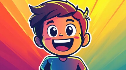 Colorful line art illustration of a joyful cartoon boy featuring a rainbow gradient design