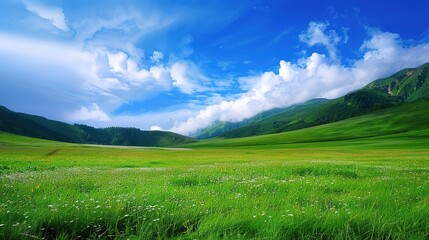 A glorious display of beautiful scenery with natural beauty and expansive grasslands. The grasslands are a vivid green, stretching as far as the eye can see. There are wildflowers dotting the landscap