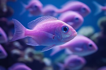 Pink fish is swimming in a tank with other fish. The fish is the only one that is not in a group. Pink fish, close-up shot of an army of pink baby fish swimming in the sea, neon blue background