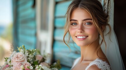 Canvas Print - beautiful bride, groom in front of old shabby house