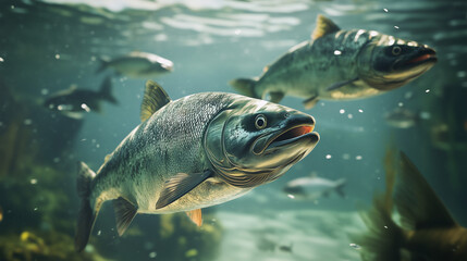 Salmon swimming on the surface of fish farm. fish. Illustrations
