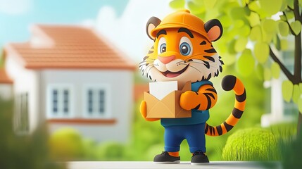 A Cartoon Tiger Wearing a Hard Hat and Holding an Envelope