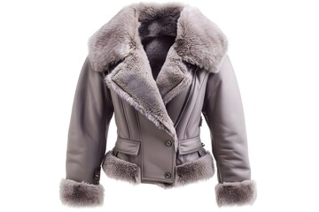 Beautiful, luxurious woman's fur coat in the form of a leather jacket, made of natural fur, on a white background