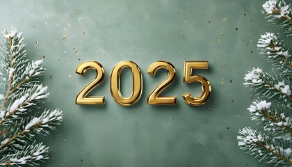 Golden 2025 over green background with snowy branches, New Year celebration, holiday greeting