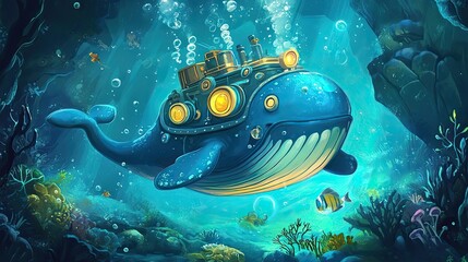 Canvas Print - Steampunk Whale Submarine Navigating Underwater Landscape