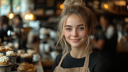 Wall Mural - beautiful female barist working in coffee shop serving customers elderly couple university student working part time in cafe